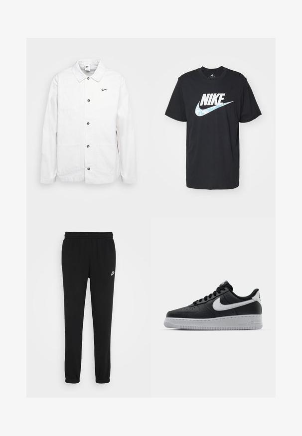 Nike Sportswear CHORE COAT - Let jakke / Sommerjakker - phantom/black; Nike Sportswear TEE FUTURA - T-shirts print - black; Sorte sweatpants med elastisk talje, ribbede ankler og et lille hvidt Nike-logo på venstre side. Fremstillet af blødt strukturstof.; Sort lædersneaker med tekstureret overflade, hvid Nike swoosh, grå sål, rund tå og snørebåndsdesign. Har perforeringer på tåboksen.