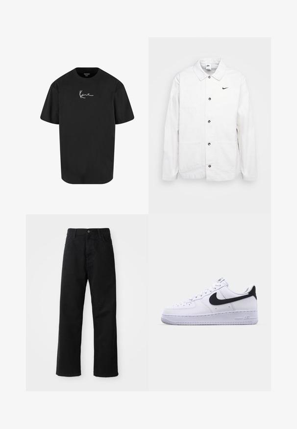 Nike Sportswear CHORE COAT - Leichte Jacke - phantom/black; Schwarzes Baumwoll-T-Shirt mit kurzen Ärmeln, Rundhalsausschnitt und einem weißen Signaturlogo, das auf der Vorderseite gedruckt ist. Glatte Textur und lässige Passform.; Schwarze Jeans mit geradem Schnitt, ausgestattet mit Fronttaschen, einem Reißverschluss und einem einzelnen oberen Knopf. Texturiert mit matter Oberfläche.; Weißes Leder-Sneaker mit einem strukturierten schwarzen Swoosh, flachen Schnürsenkeln und einer Gummisohle mit genoppetem Muster. "AIR" ist auf der Ferse eingeprägt.