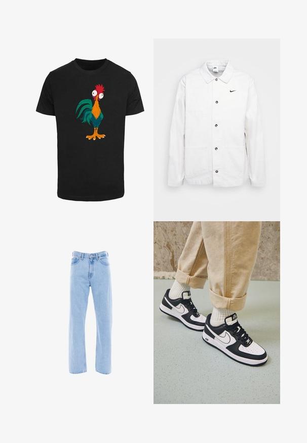Nike Sportswear CHORE COAT - Leichte Jacke - phantom/black; Schwarzes T-Shirt mit einem bunten Cartoon-Hahn-Design, das übertriebene Merkmale und große Augen zeigt, mit orangefarbenen, grünen und roten Akzenten.; Hellblaue Jeans aus Denim mit geradem Bein, hoher Taille, Fronttaschen und klassischen Nähdetails an den Nähten und am Bund.; Schwarz-weiße Nike Air Force 1 Sneaker mit einem Obermaterial aus Leder, perforierter Zehenpartie und strukturiertem Sohlendesign, getragen mit aufgerollten beigen Hosen und weißen Socken.