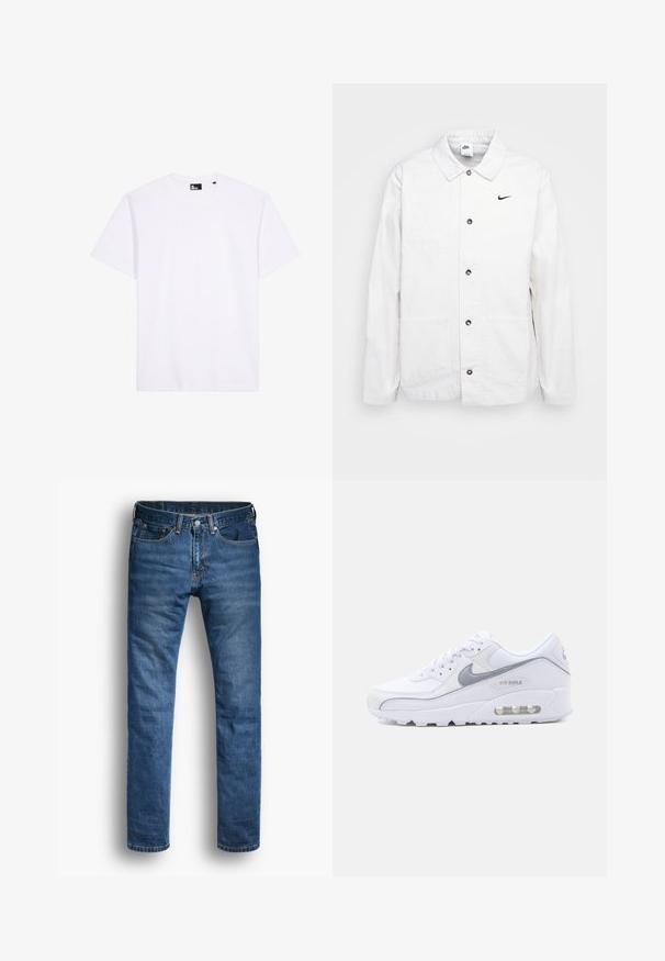 Nike Sportswear CHORE COAT - Veste légère - phantom/black; T-shirt blanc à manches courtes et col rond en tissu lisse, avec une étiquette de marque noire à l'intérieur du col.; Jean en denim bleu avec une coupe droite. Comprend cinq poches, une fermeture par bouton, et des coutures orange contrastées sur les coutures.; Baskets Nike Air Max blanches et grises avec amorti visible dans la semelle, dessus en mesh et cuir, et le logo Nike swoosh sur le côté.