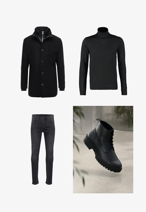 Zwarte wollen mantel met een hoge kraag, rits- en knoopsluiting, en zijzakken. Glad textuur met een getailleerde pasvorm en minimale accenten.; Lindbergh ROLL NECK - Trui - black; Skinny-fit jeans in donkergrijs denim, met zij- en achterzakken, een knoopsluiting aan de voorkant en subtiele vervagingdetails.; Zwarte leren enkelboots met een ronde neus, vetersluiting en robuuste rubberen zool. Gladde textuur met een bevestigingslus aan de achterkant.