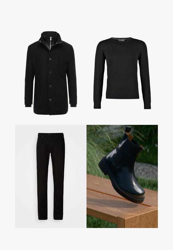 Manteau en laine noir avec un col haut, fermeture éclair et boutons, et poches latérales. Texture lisse avec une coupe ajustée et des accents minimalistes.; Pull en tricot noir à manches longues, col rond, avec des poignets et un ourlet côtelés. Texture lisse et coupe ajustée.; Chino en coton noir avec une coupe slim, fermeture par bouton supérieur et design à cinq poches. Doté de passants de ceinture et d'une texture lisse et uniforme.; Bottines Chelsea en cuir noir avec finition lisse, panneaux latéraux élastiques, bout arrondi et semelle en caoutchouc épaisse, positionnées au-dessus d'une surface en bois.