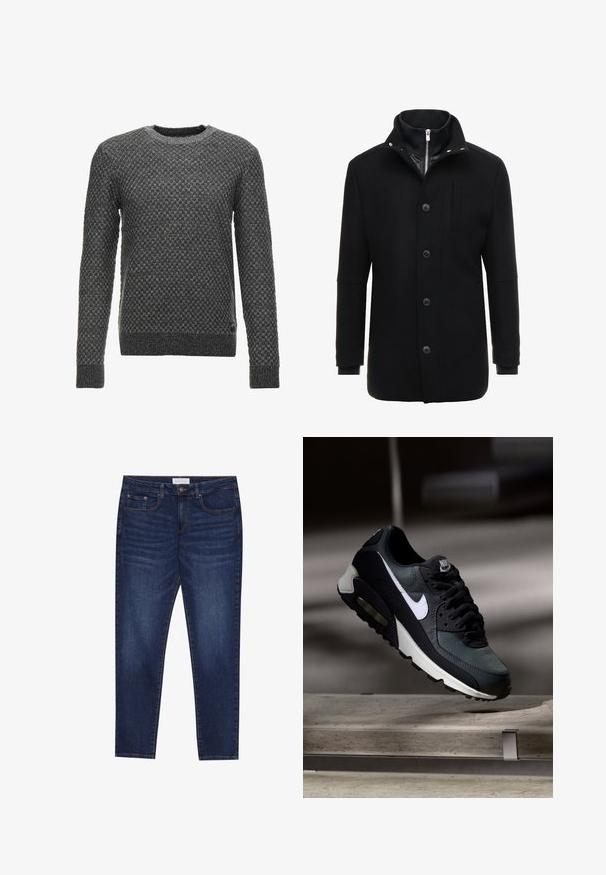 Manteau en laine noir avec un col haut, fermeture éclair et boutons, et poches latérales. Texture lisse avec une coupe ajustée et des accents minimalistes.; Pull en tricot gris avec un motif texturé, col rond et manches longues. Présente un ourlet et des poignets côtelés.; Jean slim-fit bleu foncé avec cinq poches, fermeture à bouton et couture contrastante, étiqueté Pier One à la taille.; Baskets Nike Air Max noires et grises avec un logo blanc, suspendues au-dessus d'une surface en béton sur un fond sombre flou.