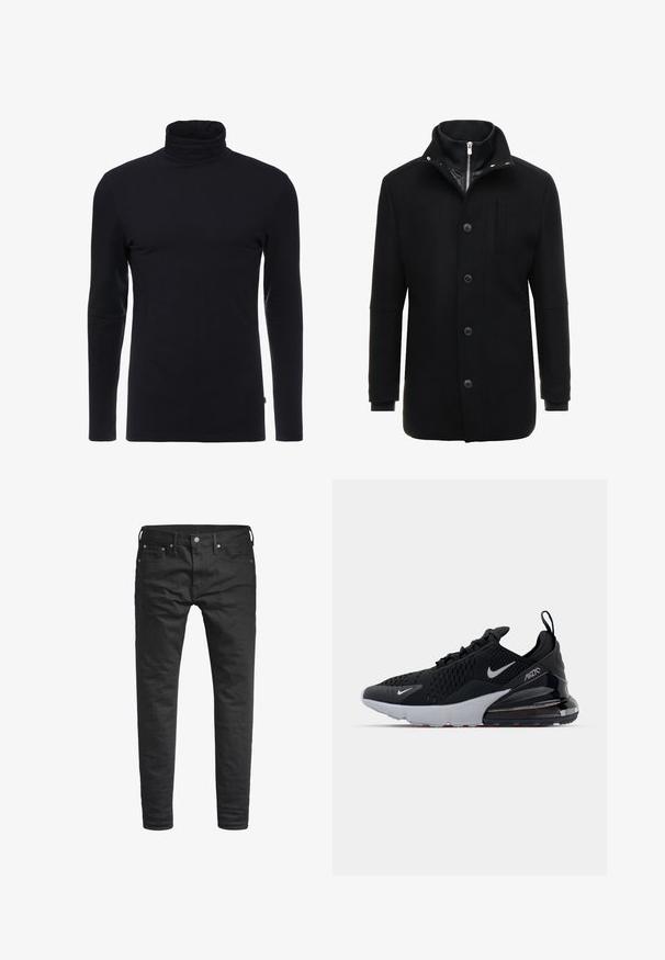 Abrigo de lana negro con cuello alto, cierre de cremallera y botón, y bolsillos laterales. Textura suave con un corte ajustado y acentos mínimos.; Camisa de cuello alto negra de manga larga, hecha de una tela suave y elástica. Presenta un diseño ajustado y una textura lisa. Sin patrones ni acentos visibles.; Jeans negros ajustados con bolsillos frontales, cinturas y cierre de botón, exhibidos sobre un fondo blanco.; Zapatilla deportiva negra con parte superior de malla, mediopie blanca y amortiguación de aire visible en el talón. Diseño elegante con sutiles acentos plateados.