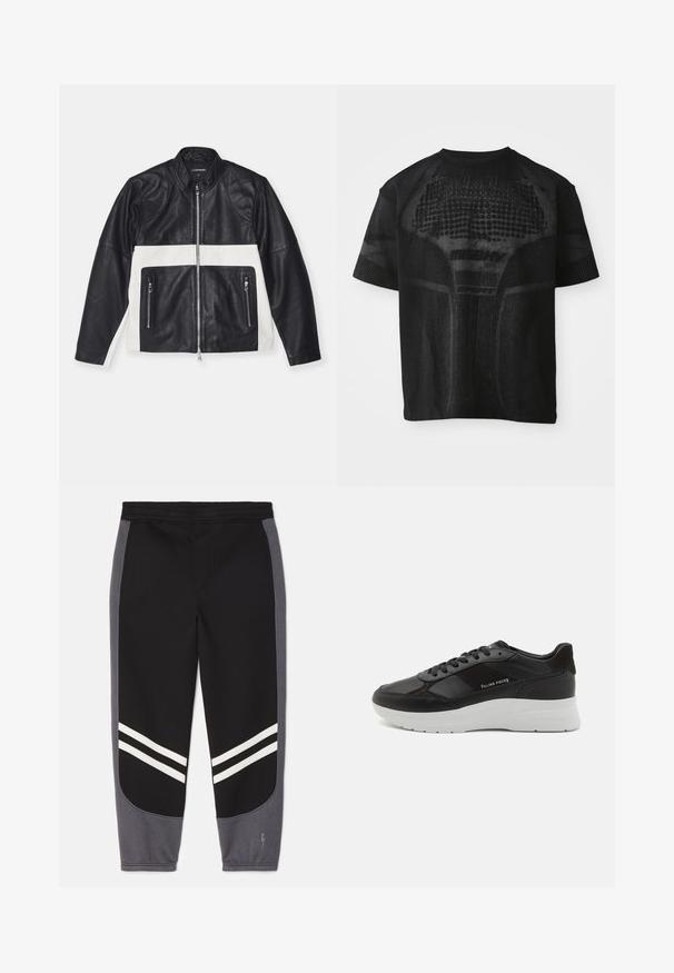 J.LINDEBERG TATUM BIKER JACKET - Læderjakker - black; Sort sport T-shirt med korte ærmer og struktureret mønster samt diskret "MISBHV SPORT" tekst på fronten.; Neil Barrett MODERNIST - Træningsbukser - black/mottled grey; Sort læder sneaker med ruskindsdetaljer, rund tå, hvid gummisål og syet udsmykning. Logo trykt på siden. Klassisk snørebåndsdesign.