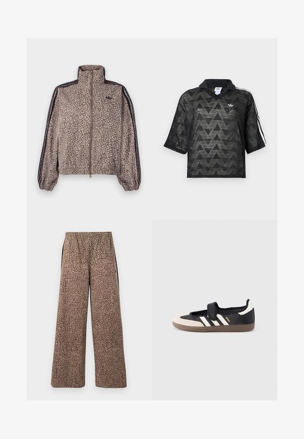 Brun og creme leopardmønstret vindjakke med høj krave, lynlåslukning, elastiske manchetter og kontrasterende sorte sidelommer.; Sort kortærmet polo i netstof med chevronmønster, hvid Adidas-logo på brystet og hvide striber på ærmerne.; Brune bukser med vide ben og et beige dyreprintmønster, elastisk linning og kontrasterende sorte sidestriber. Blød stoftekstur.; Sort og beige sko med velcrolukning, tre hvide striber på siden og en tekstureret brun gummisål. Mærkelogo er synligt.