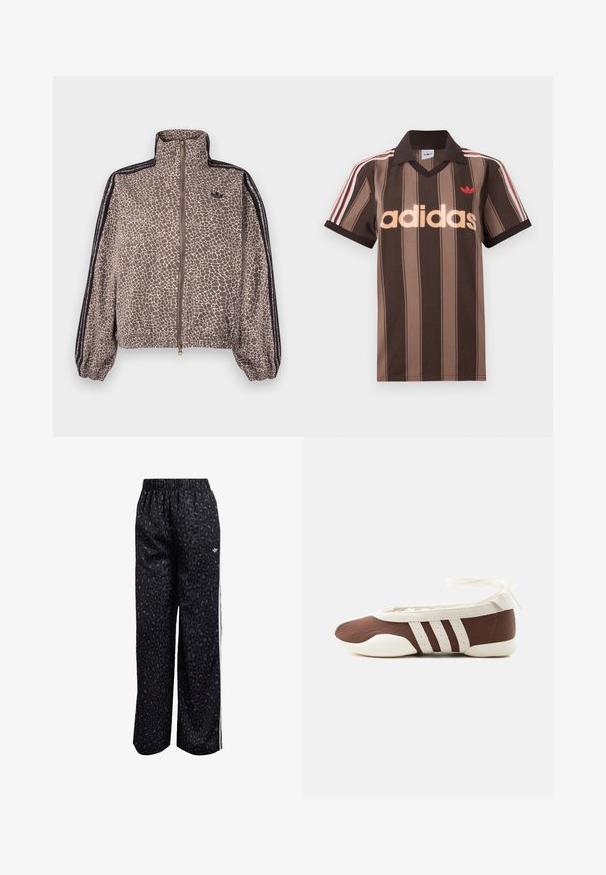 Pruuni ja kreemikarva leopardimustriga tuulejope kõrge kraega, luku sulgumisega, elastsete varrukaservadega ja kontrastsete mustade külgtriipudega.; Pruunide triipudega Adidas polotee, V-kaelusega, bordeau krae ja punase logoga. Omad valge ja punase triibuga õlad ning lühikesed varrukad.; Mustad mustad spordipüksid, millel on leopardimuster, elastne vöökoht ja valged külje Triibud. Valmistatud sujuvast ja kergekaalu kangast.; Pruun ja valge baleriinjalanõu, millel on kolm valget triipu ja pahkluu paelaga lips, helel taustal.