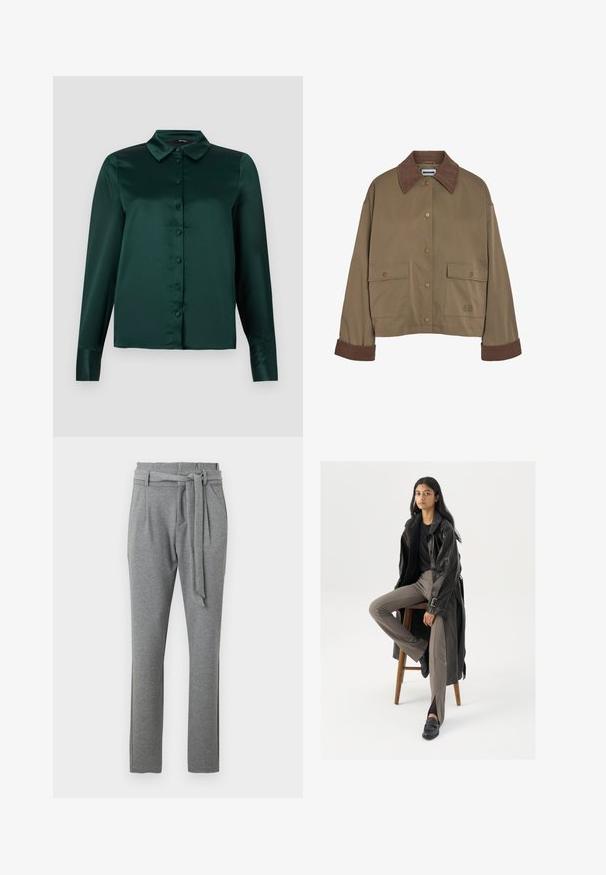 Lichtbruine jas met een donkergroene corduroy kraag en manchetten, een voorzijde met drukknoopsluiting en twee klepzakken met drukknoop.; Donkergroene satijnen blouse met lange mouwen, een puntige kraag en knopen aan de voorkant. Glad textuur en slim fit ontwerp.; Grijze broek met een gladde textuur, voorzien van een hoog taille met riem, zijzakken en een recht pijpdesign.; Zwarte leren trenchcoat met knopen en riemdetails, gecombineerd met lichtbruine getailleerde broek en zwarte loafers, zittend op een houten kruk.