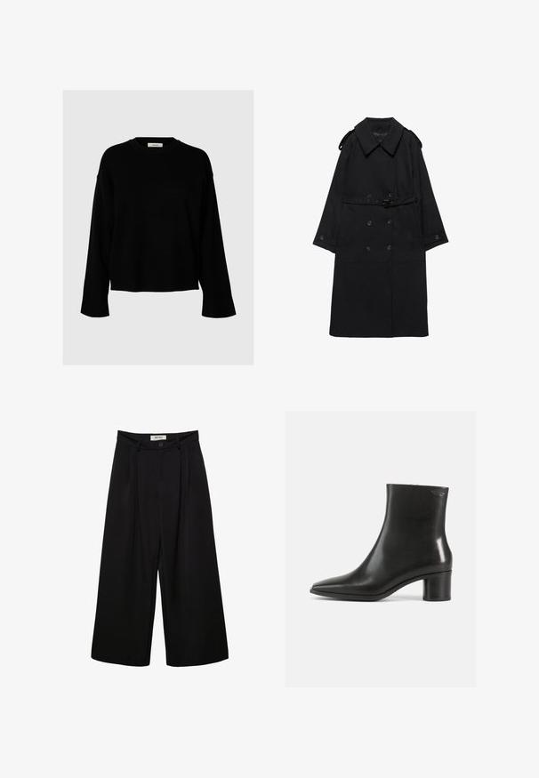 Trench coat noir avec large col, boutons croisés, taille ceinturée, poignets à boutons et épaulettes, posé à plat sur fond blanc.; Un pull noir avec une coupe ample, des manches longues, un col rond et des poignets côtelés, fabriqué en tissu doux et texturé.; Pantalon noir à jambes larges avec taille haute, présentant des plis à l'avant, deux poches latérales et une fermeture par bouton. Texture de tissu lisse.; Bottine en cuir noir avec un bout pointu et un talon bloc de hauteur moyenne. Texture lisse et design minimaliste. Pas de ferrures visibles.
