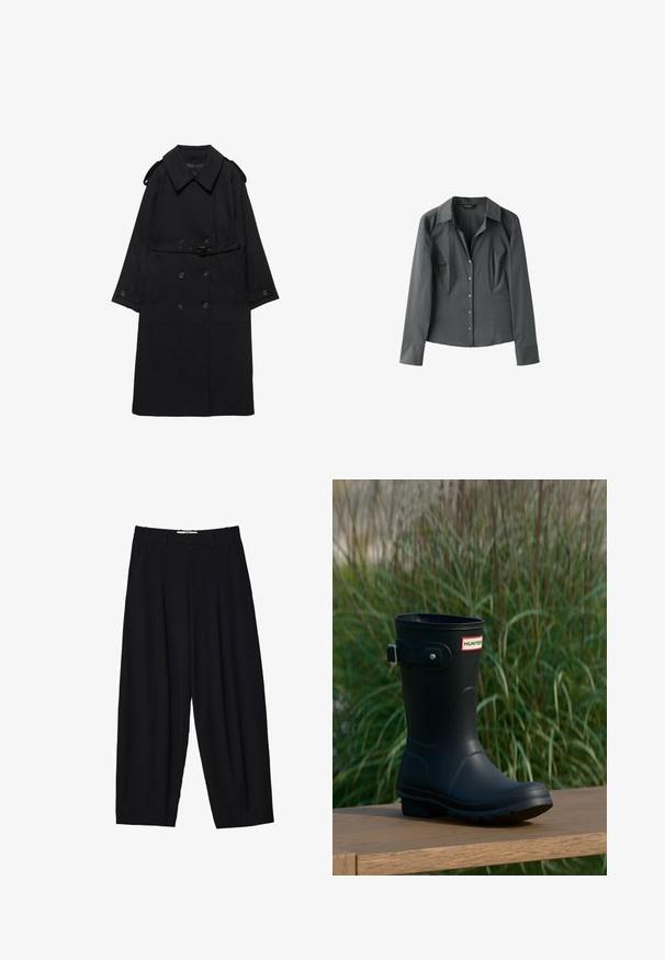 Trench coat noir avec large col, boutons croisés, taille ceinturée, poignets à boutons et épaulettes, posé à plat sur fond blanc.; Chemise à manches longues gris foncé à fines rayures verticales, col et poignets, posée à plat sur fond blanc.; Pantalons larges noirs en tissu léger, avec des plis avant, une taille classique et des poches latérales. Texture douce.; Botte de pluie en caoutchouc noir avec une finition brillante, dotée d'une boucle argentée et d'un écusson de logo. La semelle est texturée pour une meilleure adhérence.
