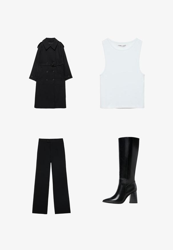 Schwarzer Trenchcoat mit großem Kragen, doppelt geknöpft, tailliert mit Gürtel, geknöpfte Manschetten und Schulterklappen, flach auf weißem Hintergrund ausgelegt.; Weißes ärmelloses Crop-Top mit rundem Ausschnitt, aus glattem Stoff, mit dem Label Pull&Bear, geeignet für den Alltag.; Schwarze weit geschnittene Hosen aus glattem Stoff, mit einem Frontknopfverschluss und zwei Falten für zusätzliche Details. Maßgeschneiderter Gesamteindruck.; Knöchelhohe schwarze Lederstiefel mit spitzem Schuhkopf, glatter Textur und einem stabilen, profilierten Blockabsatz. Schlankes Design mit minimalen Akzenten.