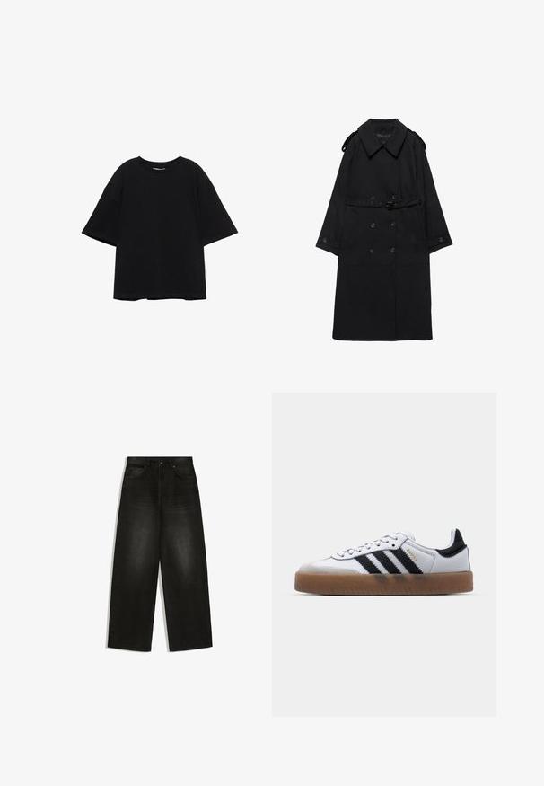 Trench coat noir avec large col, boutons croisés, taille ceinturée, poignets à boutons et épaulettes, posé à plat sur fond blanc.; T-shirt noir oversize à manches courtes avec encolure ronde, coupe ample et épaules tombantes sur fond blanc.; Jean noir taille haute à jambes larges avec poches avant, passants de ceinture et fermeture par bouton, présenté à plat sur fond blanc.; Baskets en cuir blanc avec des rayures noires, semelle extérieure en caoutchouc beige, bout rond, fermeture lacée et embout en suède gris doux.