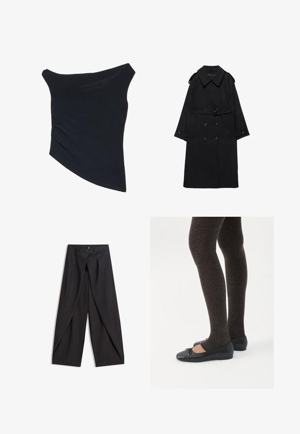 Zwarte trenchcoat met brede kraag, dubbelgeknoopte knopen, taille met ceintuur, knoopmanchetten en schouderepauletten, platliggend op een witte achtergrond.; Zwarte off-shoulder top met een fitted ontwerp, asymmetrische zoom en een zachte, gladde textuur. Het heeft gatherstof bij de halslijn.; Zwarte wijde broek met plooien aan de voorkant, twee knopen aan de tailleband en schuine zijzakken, plat weergegeven op een witte achtergrond.; Benen met donkere geribbelde leggings gecombineerd met zwarte ballerina's met kleine strikdetails op een witte achtergrond.