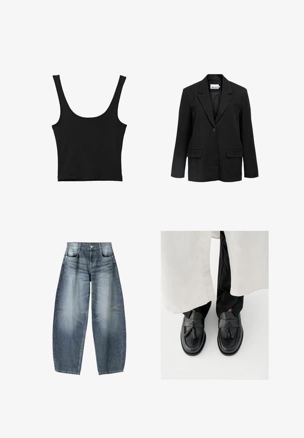 Blazer noir à bouton unique avec revers en notch, deux poches avant à rabat et une poche poitrine passepoilée, étiqueté "OBJECT" à l'intérieur du col.; Débardeur noir court avec de larges bretelles, fabriqué à partir d'un matériau doux, présentant une texture lisse et un design minimaliste.; Jean large en denim bleu clair avec décoloration, présentant un design à cinq poches, un bouton de fermeture et des détails de couture minimaux.; Mocassins en cuir noir avec des accents à pampilles, présentant un bout arrondi, des coutures décoratives et une finition lisse, portés avec un pantalon noir.