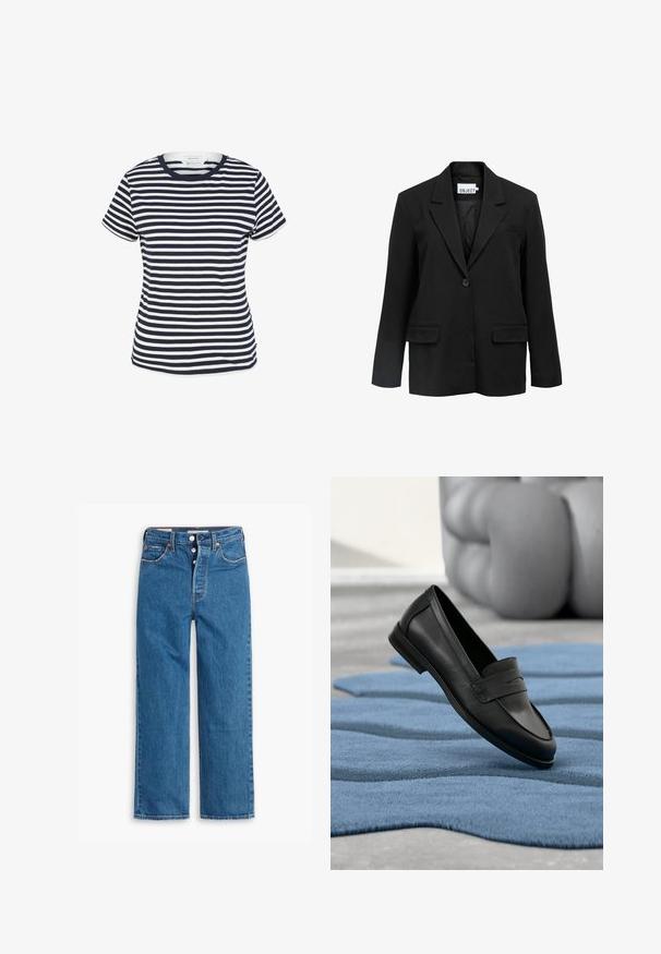 Schwarzer Ein-Knopf-Blazer mit Reverskragen, zwei aufgesetzten Fronttaschen und einer Brustleistentasche, innen am Kragen mit ".OBJECT" gekennzeichnet.; Navy- und weiß gestreiftes T-Shirt aus Bio-Baumwolle, mit Rundhalsausschnitt und kurzen Ärmeln, mit geradem Saum am unteren Ende.; Blaue Denim-Jeans mit geradem Bein, hoher Taille, fünf Taschen und Knopfverschluss. Auffällige Nähte und Nieten in Kupferfarbe.; Schwarzer Lederloafer, in einem Winkel auf einem blauen, strukturierten Teppich mit großen, verschwommenen, grauen Dekorationsobjekten im Hintergrund.