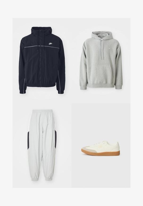 Sort Nike hættejakke med fuld lynlås foran, hvide pipingdetaljer hen over bryst og ærmer, elastiske manchetter og sidelommer.; Grå hættejakke lavet af blødt stof med en kengurulomme, snor i hætten og lille hvidt logo på brystet. Behagelig, afslappet pasform.; Lys grå træningsbukser lavet af letvægtsstof, med elastisk talje og manchetter, samt kontrasterende sorte og hvide sidelapper.; Sneaker lavet af hvid læder med en beige tåhætte og let brunt gummisål. Har flade hvide snørebånd og prægede branding på siden.