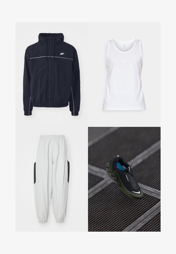 Sort Nike hættejakke med fuld lynlås foran, hvide pipingdetaljer hen over bryst og ærmer, elastiske manchetter og sidelommer.; Hvid bomulds tanktop med rund hals, ærmeløst design og et lille tonet Nike-logo på forsiden. Glat tekstur.; Lys grå træningsbukser lavet af letvægtsstof, med elastisk talje og manchetter, samt kontrasterende sorte og hvide sidelapper.; Sort og oliven Nike Air Max sko med en glat overflade, lynlåslukning og karakteristiske luftdæmpningspuder i sålen. Blå indersål synlig.
