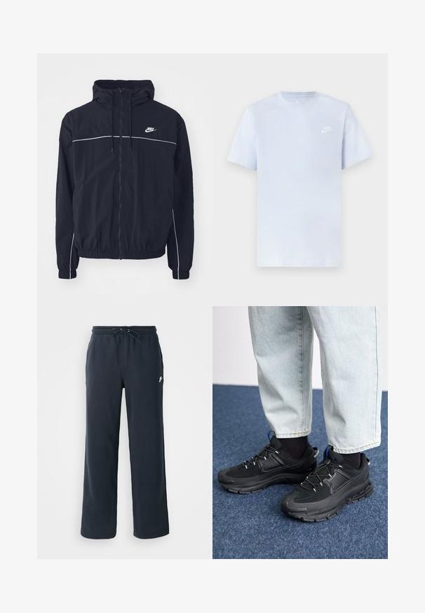 Schwarze Nike Kapuzenjacke mit durchgehendem Frontreißverschluss, weißen Paspelierungen über Brust und Ärmeln, elastischen Bündchen und seitlichen Taschen.; Hellblaue Baumwoll-T-Shirt mit kurzen Ärmeln, Rundhalsausschnitt und einem weißen Nike-Logo, das auf der linken Brust gedruckt ist. Glatte Textur, schlichtes Design.; Dunkelblaue Sweatpants mit einem elastischen Bund und Kordelzug. Hergestellt aus weichem Stoff, mit einem kleinen weißen Logo auf der linken Hüfte.; Schwarze Sportschuhe aus strukturiertem Stoff mit Gummisohlen, ausgestattet mit elastischen Schnürsenkeln und einem blauen Akzent an der Ferse. Getragen mit hellen Jeans.