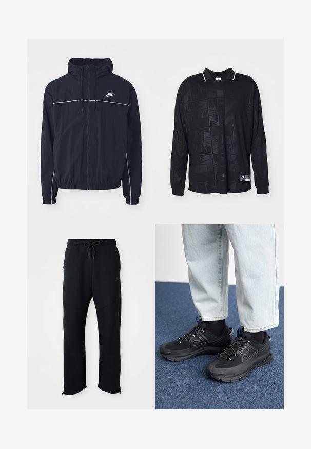 Sort Nike hættejakke med fuld lynlås foran, hvide pipingdetaljer hen over bryst og ærmer, elastiske manchetter og sidelommer.; Langærmet sort polo t-shirt med et tekstureret mønster, kontrastfarvet hvid krave og Nike-logo på nederste venstre side.; Sorte træningsbukser med elastisk linning og snoretræk, har sidelommer, smalle ben og lynlåse ved anklerne. Glat tekstur.; Sorte træningssko med tekstureret stof og gummisåler, udstyret med elastiske snørebånd og en blå detalje på hælen. Bæres med lyse denimbukser.
