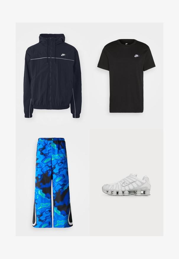 Čierna mikina Nike s kapucňou so zipsom po celej prednej strane, bielym lemovaním cez hrudník a rukávy, elastickými manžetami a bočnými vreckami.; Čierne bavlnené tričko s krátkymi rukávmi, okrúhlym výstrihom a malým bielym logom Nike na hornej ľavej strane hrudníka. Hladká textura. Klasický strih.; Modré a čierne široké nohavice s abstraktným vzorom, s elastickým pásom a zipsovými bočnými vreckami na jednoduchom pozadí.; Biele tenisky Nike s výrazným vlnitým dizajnom a odpružením na podrážke, zobrazené z boku na jednofarebnom pozadí.