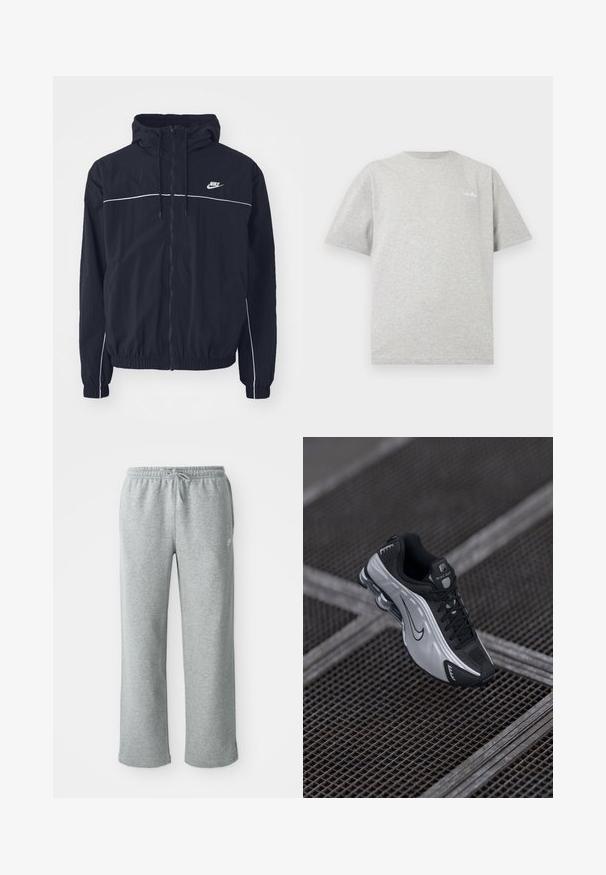 Chaqueta negra con capucha Nike con cremallera completa en la parte frontal, ribete blanco en el pecho y mangas, puños elásticos y bolsillos laterales.; Camiseta de manga corta y cuello redondo de color gris claro con un pequeño logo blanco en la parte superior izquierda del pecho, sobre un fondo blanco.; Pantalones de chándal de algodón grises con cinturilla elástica, cierre de cordón y piernas rectas. Presentan un pequeño logo en la parte superior izquierda.; Zapatilla deportiva Nike con un diseño en negro y plata. Fabricada con material sintético y detalles de malla, cuenta con una suela que brinda soporte y amortiguación de aire visible.