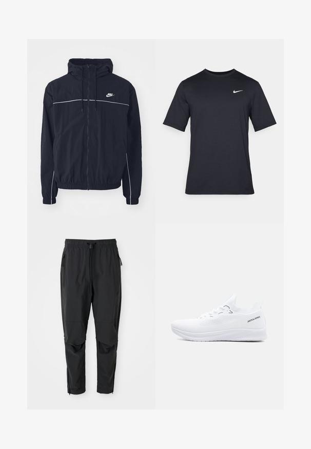 Must Nike kapuutsiga jakk, millel on ees kogu pikkuses tõmblukk, valged triibud rinna ja varruka piirkonnas, elastsed mansetid ja küljetaskud.; Must tume musta Nike t-särk, mis on valmistatud siledast kangast, valge swoosh logo vasakul ülanurgas, ümar kaelus.; Mustad mustad püksid elastse vöökoha, tõmbluku küljetaskute, artikeeritud põlvede ja pahkluude tõmblukkudega.; Valge madala lõikega kudumjalats tekstuurse tallaga, ees paelu ja "JACK & JONES" logo kanna korraribal.