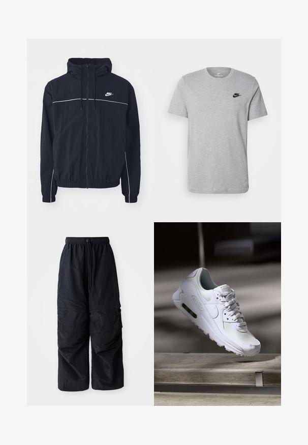 Čierna mikina Nike s kapucňou so zipsom po celej prednej strane, bielym lemovaním cez hrudník a rukávy, elastickými manžetami a bočnými vreckami.; Sivý krátky rukáv T-shirt vyrobený z bavlny, s čiernym logom Nike na hrudi a okrúhlym výstrihom. Minimalistický dizajn bez vzorov.; Čierne ľahké nylonové cargo nohavice s elastickým pásom, nastaviteľnou šnúrkou a viacerými vrstvovými vreckami na nohách.; Biele tenisky Nike Air Max 90 s vrchnou časťou z kože a sieťoviny, perforovanou špičkou a viditeľnou vzduchovou jednotkou v päte.
