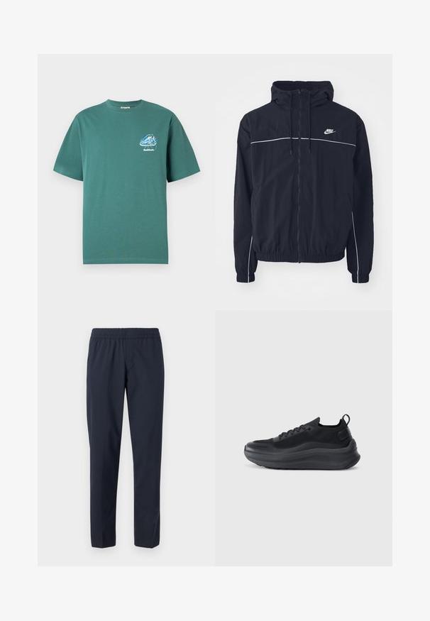 Schwarze Nike Kapuzenjacke mit durchgehendem Frontreißverschluss, weißen Paspelierungen über Brust und Ärmeln, elastischen Bündchen und seitlichen Taschen.; Grünes Baumwoll-T-Shirt mit kurzen Ärmeln, das ein kleines, farbenfrohes Grafikdesign auf der linken Brust zeigt. Leicht, reguläre Passform.; Marineblaue Hose mit elastischem Bund, geraden Beinen, leichtem Stoff und ohne sichtbare Taschen oder Verzierungen.; Schwarzer Sportschuh mit einem Obermaterial aus Mesh, strukturierten Akzenten und einer dicken Gummisohle. Verfügt über eine Zuglasche an der Ferse und ein Schnürdesign.