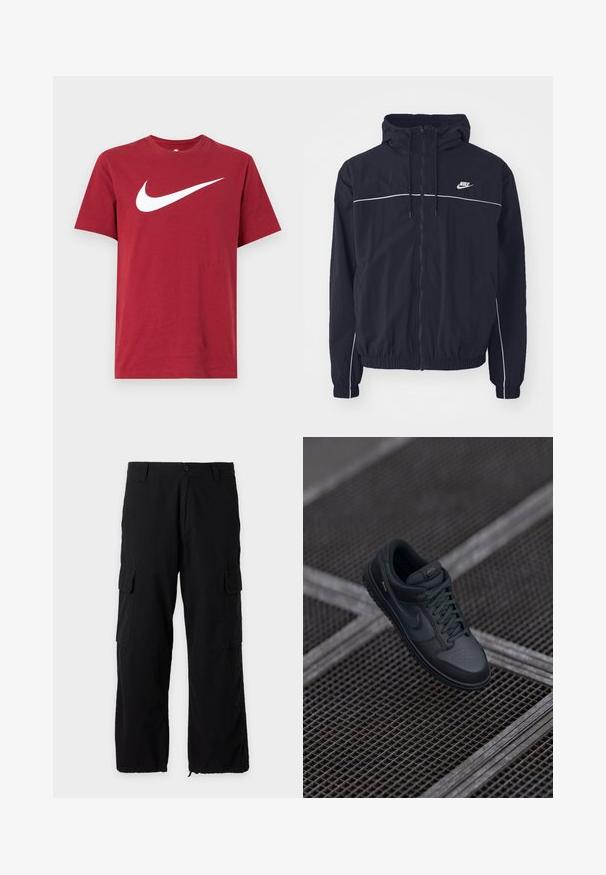 Μαύρο φούτερ με κουκούλα της Nike με ολόκληρο φερμουάρ εμπρός, λευκές λεπτομέρειες στο στήθος και τα μανίκια, ελαστικά μανσέτες και πλαϊνές τσέπες.; Κόκκινο βαμβακερό μπλουζάκι με κοντά μανίκια και στρογγυλή λαιμόκοψη. Διαθέτει μεγάλο λευκό λογότυπο Nike swoosh μπροστά. Ομαλή υφή, casual σχεδιασμός.; Μαύροι cargo παντελόνες με πλαϊνές τσέπες με καπάκι, κούμπωμα με κουμπί και φερμουάρ, θηλιές για ζώνη και ρυθμιζόμενα τελειώματα.; Μαύρο δερμάτινο αθλητικό παπούτσι Nike με στρογγυλή μύτη, περφοραρισμένη μπροστινή πλευρά και υφασμάτινη σόλα από καουτσούκ. Περιλαμβάνει κορδόνια και διακριτικό λογότυπο.