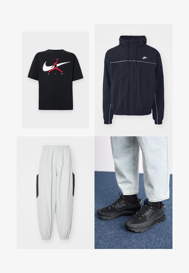 Veste à capuche noire Nike avec fermeture éclair intégrale sur le devant, passepoil blanc sur la poitrine et les manches, poignets élastiques et poches latérales.; T-shirt en coton noir à col rond, avec un grand logo Nike swoosh blanc et un logo Jumpman rouge accompagné du texte "AIR" en blanc.; Pantalons de jogging gris clair en tissu léger, avec taille élastique et poignets, dotés de panneaux latéraux contrastants noir et blanc.; Des chaussures de sport noires avec un tissu texturé et des semelles en caoutchouc, dotées de lacets élastiques et d'un accent bleu au talon. Portées avec un pantalon en denim clair.