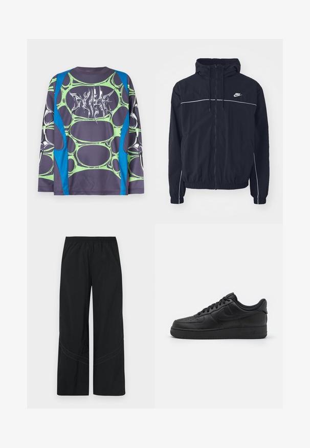 Μαύρο φούτερ με κουκούλα της Nike με ολόκληρο φερμουάρ εμπρός, λευκές λεπτομέρειες στο στήθος και τα μανίκια, ελαστικά μανσέτες και πλαϊνές τσέπες.; Πουκάμισο με μακριά μανίκια από απαλό ύφασμα, με βάση σκούρου γκρι, πράσινα σχέδια που μοιάζουν με φυσαλίδες και μπλε λεπτομέρειες. Το εμπρός μέρος διαθέτει λευκό γραφικό με στυλιζαρισμένο σχέδιο.; Μαύρο παντελόνι με φαρδύ παντελόνι από ελαφρύ ύφασμα, με ελαστική μέση και διακριτική καμπυλωτή ραφή στο κάτω μέρος.; Nike Sportswear AIR FORCE 1 07 FLYEASE - Αθλητικά παπούτσια - black