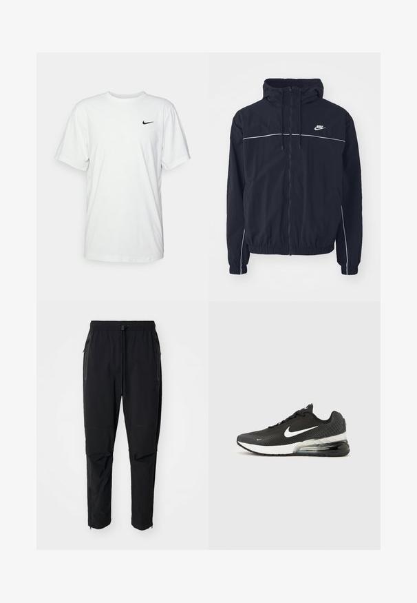 Μαύρο φούτερ με κουκούλα της Nike με ολόκληρο φερμουάρ εμπρός, λευκές λεπτομέρειες στο στήθος και τα μανίκια, ελαστικά μανσέτες και πλαϊνές τσέπες.; Λευκό βαμβακερό T-shirt με κοντά μανίκια, στρογγυλή λαιμόκοψη και μαύρο λογότυπο Nike στο αριστερό στήθος. Λείο, ελαφρύ ύφασμα.; Μαύρο, ελαφρύ παντελόνι εξωτερικών χώρων με ελαστική μέση και ρυθμιζόμενο κορδόνι. Περιλαμβάνει τσέπες με φερμουάρ και στενές μανσέτες.; Μαύρο αθλητικό παπούτσι Nike Air Max 270 με λευκό λογότυπο Swoosh, λευκή μεσαία σόλα και ορατό αερόσασμα στη φτέρνα, σε απλό φόντο.