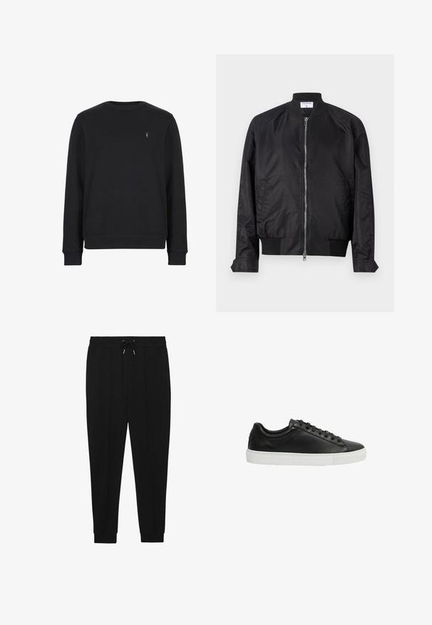 Schwarze Bomberjacke aus Satin mit glänzender Oberfläche, vorne mit Reißverschluss, gerippten Bündchen und Saum sowie einem runden Kragen. Glatte Struktur ohne Muster.; Schwarzer Sweatshirt aus Baumwollmischung, mit Rundhalsausschnitt, langen Ärmeln und einem kleinen gestickten Logo auf der Brust.; Schwarze Sporthosen mit Kordelzugbund, schmal zulaufenden Beinen und gerippten Bündchen. Hergestellt aus einem weichen Stoff mit glatter Textur.; Schwarze Leder-Sneaker mit glatter Textur, abgerundeter Zehenpartie und weißer Gummisohle. Mit Schnürdesign und minimalistischen Akzenten.