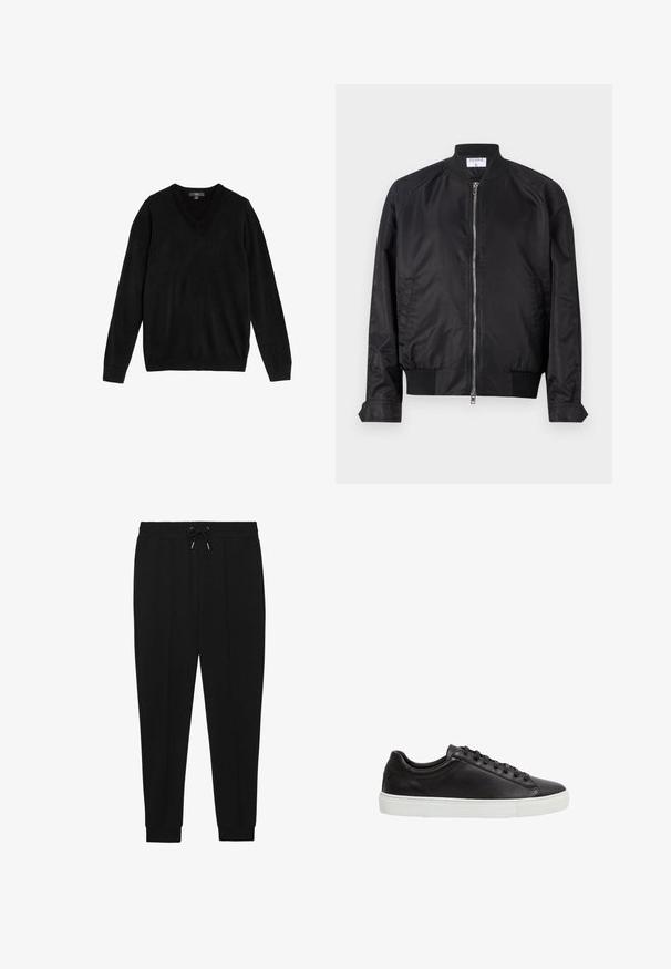 Chaqueta bomber negra de acabado satinado, con cierre de cremallera en la parte delantera, puños y dobladillo acanalados, y cuello redondeado. Textura suave sin patrones.; Suéter negro con cuello en V hecho de tejido suave y de punto. Mangas largas, puños y bajo acanalados, diseño sencillo sin patrones ni detalles.; Pantalones deportivos negros con cintura ajustable, piernas ajustadas y puños acanalados. Hechos de una tela suave con una textura lisa.; Zapatilla deportiva negra de cuero de corte bajo con cordones negros y suela de goma blanca, mostrada de lado sobre un fondo blanco.