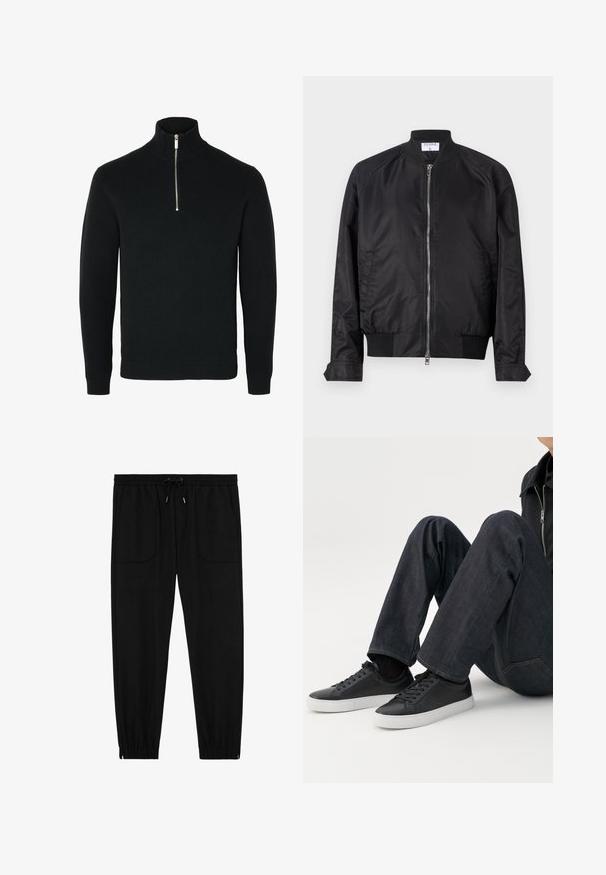 Sort bomberjakke i satinfinish med lynlås fortil, ribbede manchetter og kant samt en rund krave. Glat tekstur uden mønstre.; Sort langtærmet strikket sweater med ribbet høj krave og en sølv halv lynlås foran i midten.; Sorte joggingbukser med elastik i taljen, snøre, forlommer med lapper og elastiske manchetter på hvid baggrund.; Person siddende med bøjede ben, iført mørkeblå jeans og sorte lave sneakers med hvide såler på en hvid baggrund.