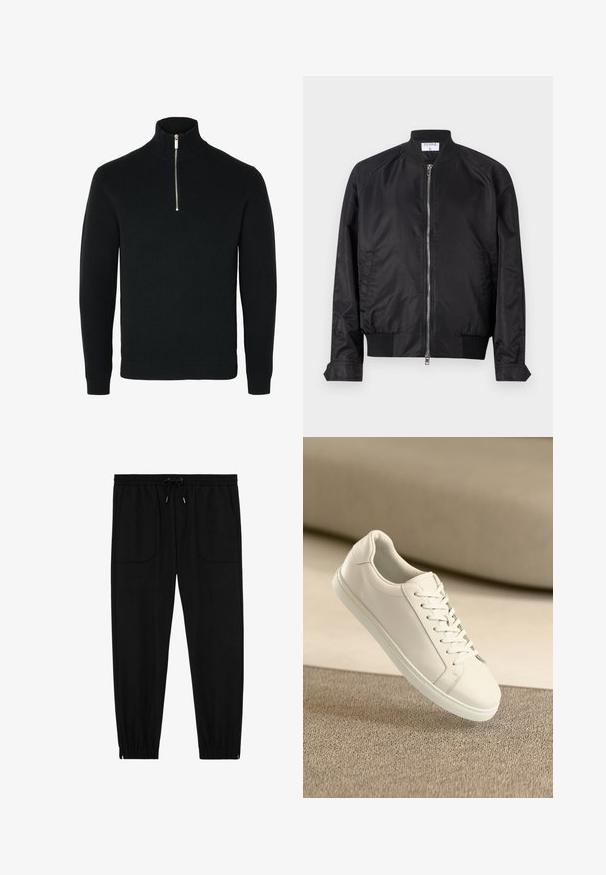 Schwarze Bomberjacke aus Satin mit glänzender Oberfläche, vorne mit Reißverschluss, gerippten Bündchen und Saum sowie einem runden Kragen. Glatte Struktur ohne Muster.; Schwarzer langärmeliger Strickpullover mit einem gerippten hohen Kragen und einem silberfarbenen Halbreißverschluss in der vorderen Mitte.; Schwarze Jogginghosen mit elastischem Bund, Kordelzug, vorderen aufgesetzten Taschen und elastischen Bündchen vor weißem Hintergrund.; Weißes Leder Sneaker mit weißen Schnürsenkeln, auf einer beigefarbenen strukturierten Oberfläche präsentiert, und einem sanft verschwommenen Hintergrund.