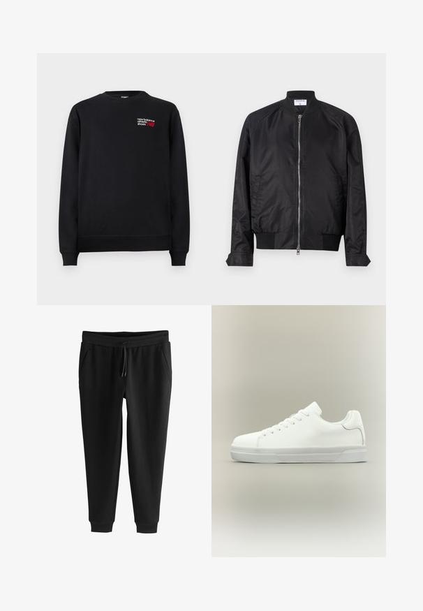 Schwarze Bomberjacke aus Satin mit glänzender Oberfläche, vorne mit Reißverschluss, gerippten Bündchen und Saum sowie einem runden Kragen. Glatte Struktur ohne Muster.; Schwarzer Sweatshirt aus Baumwollmischung, mit Rundhals, gerippten Bündchen und einem kleinen rot-weißen "New Balance"-Logo auf der Brust.; Schwarze, zulaufende Jogginghosen mit elastischem Bund, Kordelzug, Seitentaschen und Bündchen an den Knöcheln, flach auf weißem Hintergrund ausgelegt.; Weißer Sneaker in niedriger Schnittform mit Schnürung vorne, gepolstertem Kragen und strukturiertem Gummisohle, seitlich auf neutralem Hintergrund dargestellt.