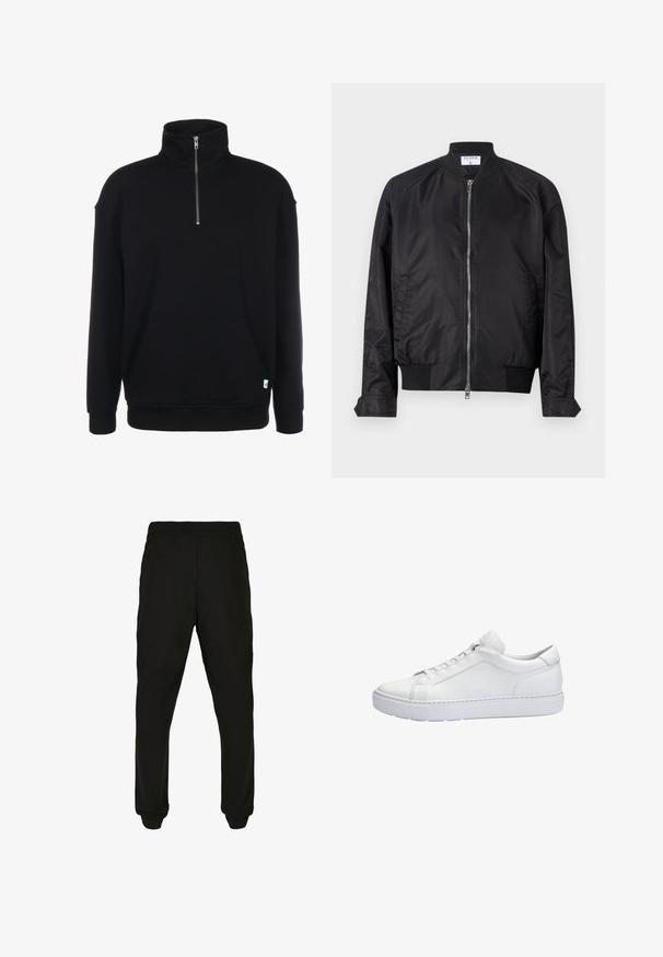 Schwarze Bomberjacke aus Satin mit glänzender Oberfläche, vorne mit Reißverschluss, gerippten Bündchen und Saum sowie einem runden Kragen. Glatte Struktur ohne Muster.; Schwarzer Sweatshirt mit Zip-Kragen, langen Ärmeln, weicher Textur, einer Fronttasche und einem kleinen grünen Logo am Saum.; Schwarze, elastische Hosen mit seitlichen Taschen und elastischen Bündchen. Glattes Gewebe mit minimaler Textur, tailored für eine bequeme Passform.; Weißer Leder-Sneaker in niedrigem Schnitt mit dicker Sohle, Schnürverschluss und minimalen Nahtdetails, seitlich auf weißem Hintergrund gezeigt.
