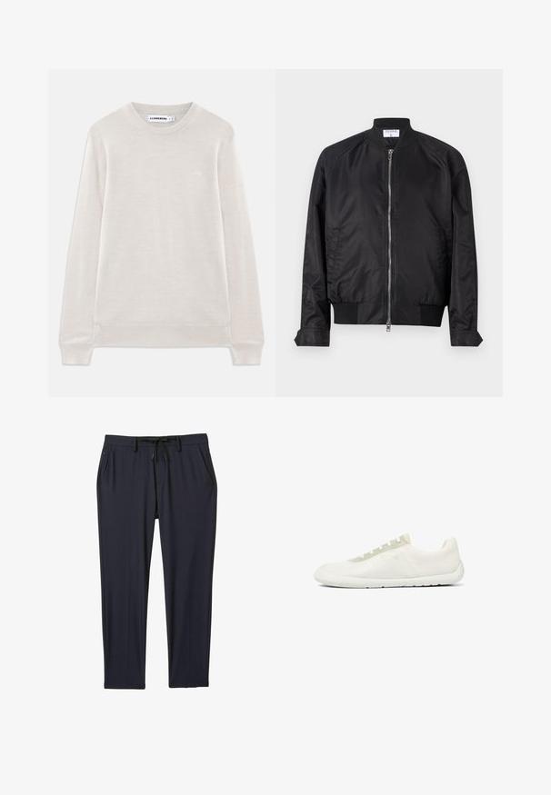 Sort bomberjakke i satinfinish med lynlås fortil, ribbede manchetter og kant samt en rund krave. Glat tekstur uden mønstre.; Lys beige langærmet crewneck sweater med ribbede manchetter og kant, subtilt logo på venstre bryst og J.Lindeberg-label indeni kraven.; Marineblå sportsbukser lavet af strækbart stof, med elastisk talje og snøre, to sidelommer og lige ben.; Minimalistisk hvid lavtop-sneaker med tekstureret mesh-stof, hvid sål og lysebeige snørehuller.