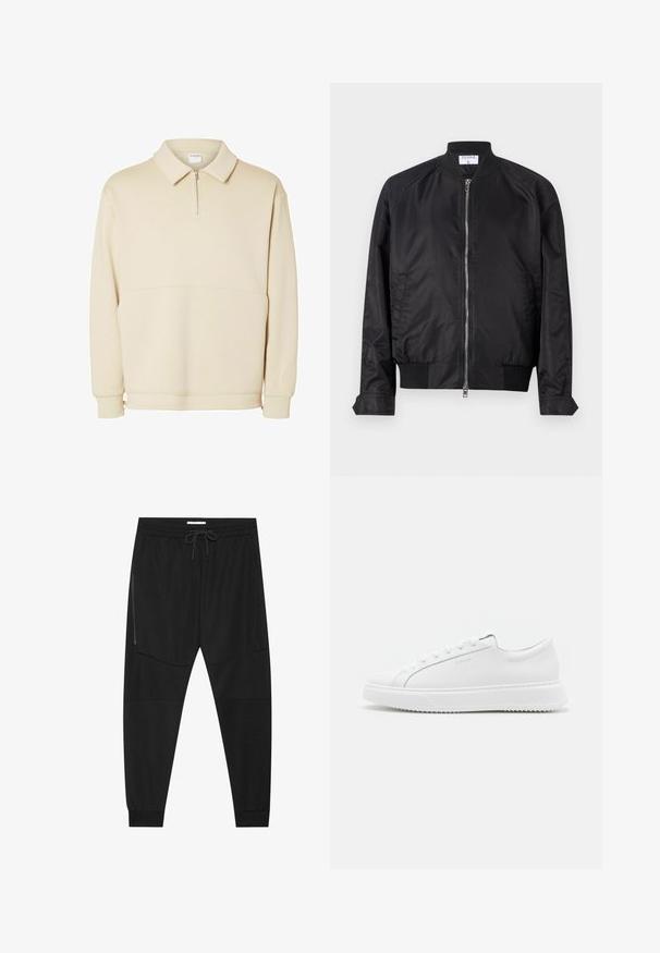 Sort bomberjakke i satinfinish med lynlås fortil, ribbede manchetter og kant samt en rund krave. Glat tekstur uden mønstre.; Beige pullover sweatshirts lavet af blødt stof, med lynlås i halsen, krave og en afslappet pasform med en simpel vandret sømdetalje.; Sorte træningsbukser lavet af tekstureret stof, med justerbar talje, lynlåslomme på siden og tapered cuffs.; Hvide sneakers lavet af glat syntetisk materiale. Har et lavt design, forhøjet hvid sål, rund tå og snørebånd foran med fem snøre-huller.