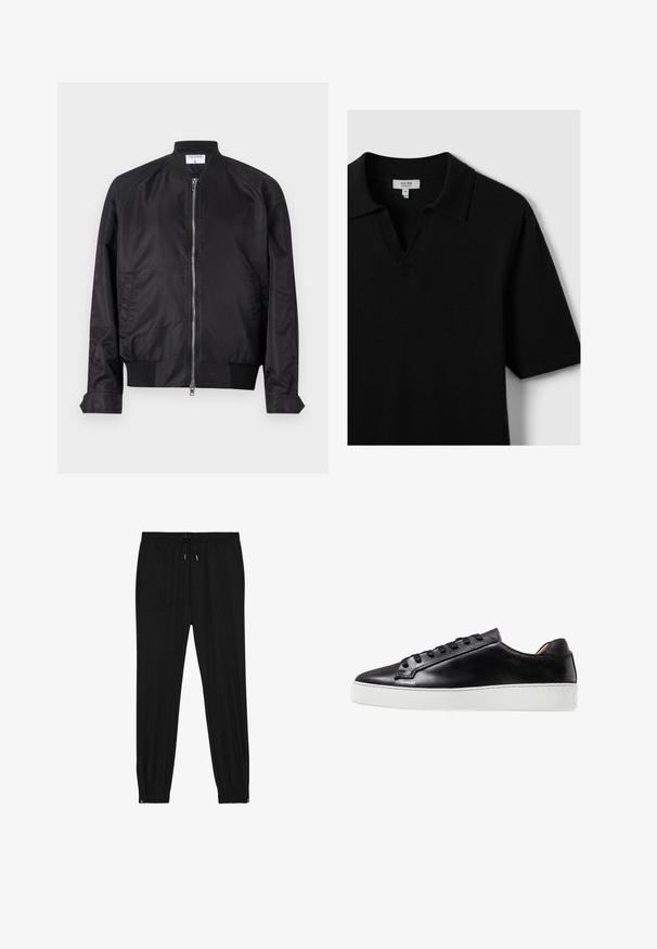 Schwarze Bomberjacke aus Satin mit glänzender Oberfläche, vorne mit Reißverschluss, gerippten Bündchen und Saum sowie einem runden Kragen. Glatte Struktur ohne Muster.; Schwarzes kurzärmliges Poloshirt aus weichem Stoff, mit V-Ausschnitt und klassischem Kragen, minimaler Nahtführung und ohne sichtbare Muster.; Schwarze Jogginghosen aus weichem Stoff. Mit elastischem Bund und Kordelzug, zwei Fronttaschen und Reißverschluss an den Knöcheln für ein einfaches Anziehen.; Schwarze Leder-Sneaker mit glatter Oberfläche, ausgestattet mit einer weißen Gummisohle, Schnürverschluss und minimalistischen Designelementen.