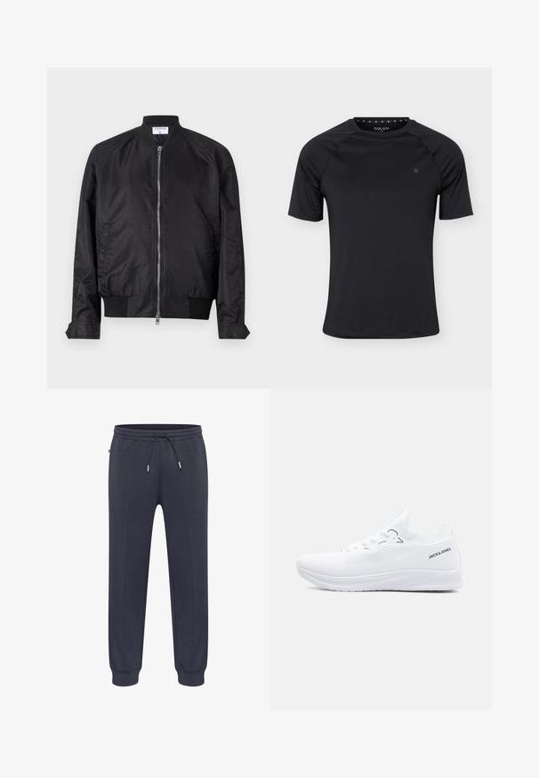 Sort bomberjakke i satinfinish med lynlås fortil, ribbede manchetter og kant samt en rund krave. Glat tekstur uden mønstre.; Sort sport T-shirt med korte ærmer og rund halsudskæring med lille logo på venstre bryst, vist på ensartet lyst baggrund.; Mørkeblå sweatpants med elastisk taljebånd, justerbar snøre, sidelommer og tætsiddende manchetter. Fremstillet af blødt, let materiale.; Hvid strikket lavtop-sneaker med tekstureret sål, snørelukning foran og "JACK & JONES" logo på hælkantens side.