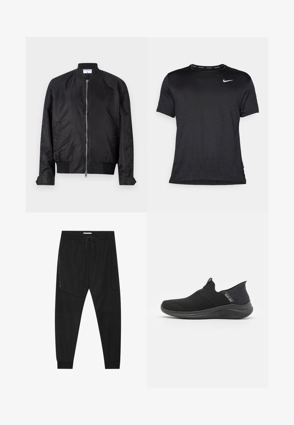 Chaqueta bomber negra de acabado satinado, con cierre de cremallera en la parte delantera, puños y dobladillo acanalados, y cuello redondeado. Textura suave sin patrones.; Camiseta deportiva de manga corta negra, con cuello redondo, tejido transpirable, sutil patrón de puntos elevados y un pequeño logo blanco de Nike en el pecho.; Pantalones deportivos negros hechos de tejido texturizado, con una cinturilla ajustable, bolsillo lateral con cremallera y puños ajustados.; Zapatos negros de tipo slip-on con parte superior de malla transpirable, diseño texturizado, suela flexible y plantilla suave y acolchada.