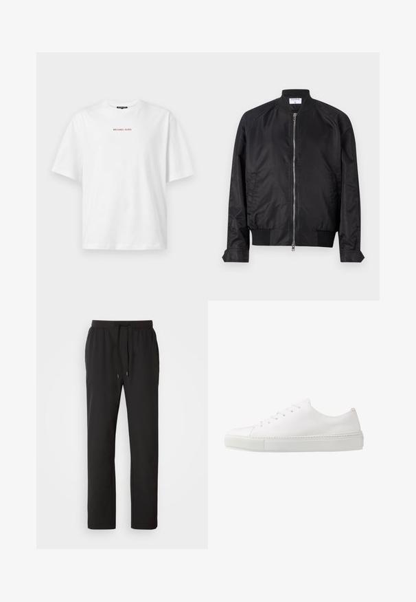 Veste bomber noire en finition satinée, dotée d'une fermeture éclair sur le devant, de poignets et d'ourlet côtelés, et d'un col arrondi. Texture lisse sans motifs.; T-shirt blanc à manches courtes avec col rond, avec un petit texte rouge "MICHAEL KORS" centré sur la poitrine.; Pantalons de jogging noirs en tissu léger, dotés d'une taille élastique avec cordons de serrage réglables et poches latérales. Texture lisse.; Baskets en cuir blanc avec une finition lisse, bout rond et six œillets pour les lacets. Présente une semelle en caoutchouc texturée et un design minimaliste.