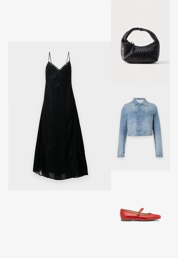 Veste en jean courte bleu clair avec manches longues, fermeture à boutons, deux poches poitrine à l'avant et col classique.; Robe nuisette noire avec des bretelles réglables, ornée de dentelle, présentant une silhouette fluide et des détails en dentelle complexes sur le corps.; Ballerines en cuir rouge avec un bout arrondi et une seule sangle ajustable sur le cou-de-pied. Semelle plate avec un talon minimal. Design simple.; Sac à main noir tissé de forme arrondie, finition texturée et poignée incurvée. Présente un logo discret en accent sur le devant.
