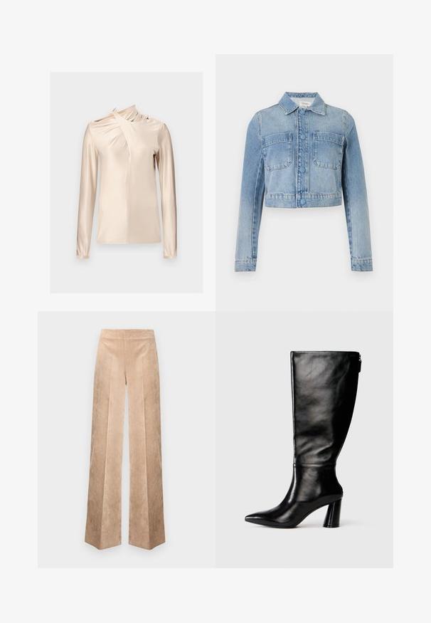 Hellblaue cropped Jeansjacke mit langen Ärmeln, Knopfverschluss, zwei vorderen Brusttaschen und klassischem Kragen.; Rabanne Langarmshirt - skin nude; Beige Cord-Hose mit weitem Bein und strukturierter Oberfläche, ausgestattet mit hohem Bund und vertikalem Streifenmuster für zusätzliche Details.; Knöchelhohe schwarze Lederstiefel mit einer spitzen Zehe, glatter Oberfläche und einem klobigen Absatz. Verfügt über einen Reißverschluss hinten.