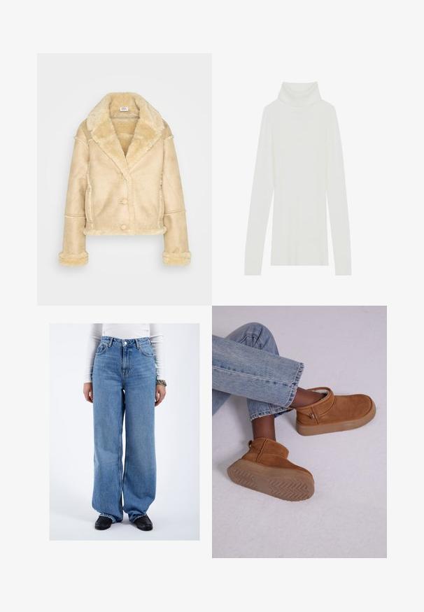 Beige schapenvachtjas met grote kraag, knoopsluiting, zijzakken en fuzzy voering op de manchetten, onderkant en kraag.; Witte geribde turtleneck trui met lange mouwen, zachte textuur en een hoge rolkraag, met een aansluitend ontwerp en geen zichtbare sluitingen.; Persoon die blauwe spijkerbroek draagt met hoge taille en wijde pijpen, zwarte loafers, wit langemouwen topje en kettingarmband, staand voor een effen witte achtergrond.; Bruine suède enkellaarsjes met een zachte voering, ronde neus en een iets chunky rubberen zool met een visgraatpatroon.