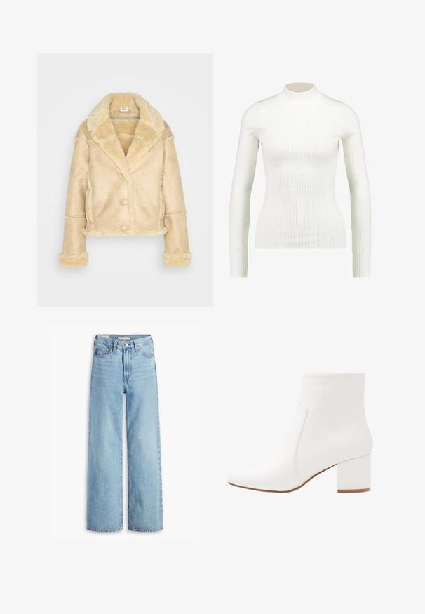 Beige shearlingjakke med stor krave, knaplukning, sidelommer og fuzzy foring på manchetter, kant og krave.; Ribbet hvid langærmet turtleneck-bluse med en tætsiddende pasform og glat tekstur, der har en høj hals og slank silhuet.; Højtaljede, lyseblå, vide bukser med knap og lynlås fortil, bæltestropper og fem lomme-stil.; Hvide ankelstøvler med en glat overflade, firkantet tå og en mellemhøj blokhæl. Sømdetaljerne fremhæver det minimalistiske design.