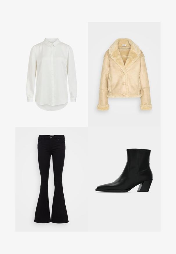 Beige schapenvachtjas met grote kraag, knoopsluiting, zijzakken en fuzzy voering op de manchetten, onderkant en kraag.; Witte blouse met lange mouwen en een klassieke kraag, met een gladde textuur en knoopsluiting. Rond gemaakte zoom en licht gepofte mouwen.; Zwarte flared jeans van een gladde stof, met een middelhoge taille, voorzakken en een knoopsluiting. De zoom loopt aan de onderkant uit.; Zwarte leren enkelboot met een spitse neus, een slanke silhoeet en een chunky vierkante hak. Gladde textuur met minimale stikdetails.
