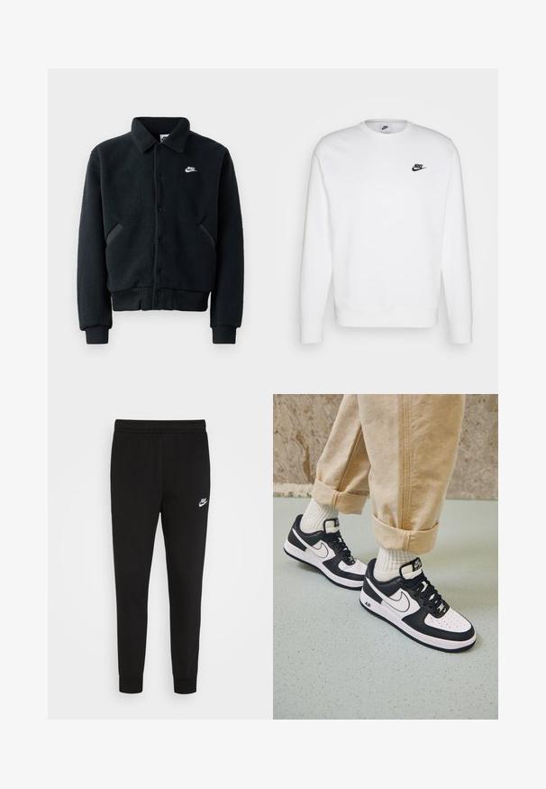 Schwarze Fleecejacke mit Knopfverschluss, gerippten Bündchen und Saum. Mit einem kleinen weißen Nike-Logo auf der linken Brust und seitlichen Taschen.; Weißes Sweatshirt aus Baumwolle mit langen Ärmeln und Rundhalsausschnitt sowie dem schwarzen Nike-Logo auf der linken Brust. Weicher Stoff mit gerippten Bündchen.; Schwarze Sweatpants aus weichem Stoff, ausgestattet mit einem elastischen Bund und eng anliegenden Bündchen, mit einem kleinen weißen Nike-Logo auf dem linken Oberschenkel.; Schwarz-weiße Nike Air Force 1 Sneaker mit einem Obermaterial aus Leder, perforierter Zehenpartie und strukturiertem Sohlendesign, getragen mit aufgerollten beigen Hosen und weißen Socken.